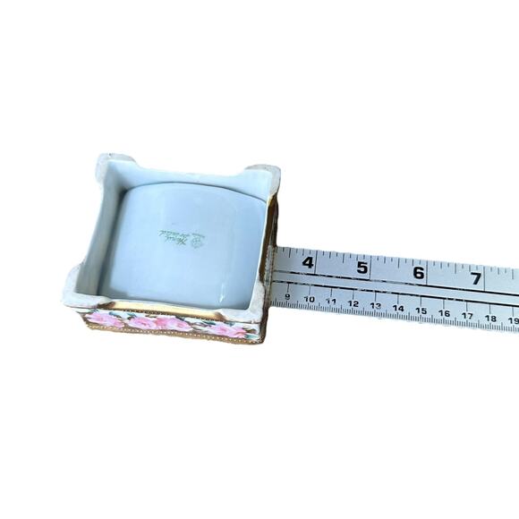 Vintage Nippon Trinket Dish 3.25" Gold Pink Rose Square Porcelain Hand-Painted - Picture 9 of 10
